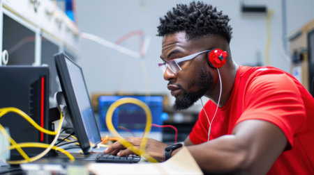 A young man deeply engaged in computer work in a tech lab, wearing headphones and surrounded by cables and electronic equipment, representing concentration.の素材