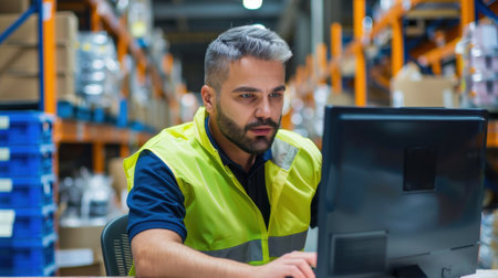 A focused male warehouse worker in a bright safety vest is intently working on a computer in a busy distribution center, highlighting productivity.の素材