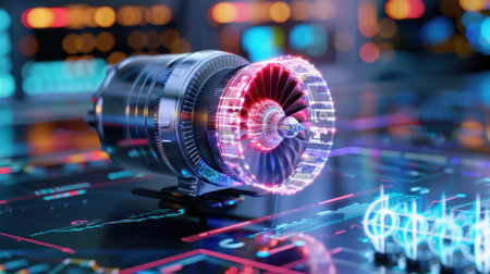 A stunning futuristic model of a jet engine rendered with neon effects, set against a high-tech digital interface, perfect for representing innovation and engineering.の素材