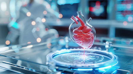 This visually captivating image features a futuristic heart model displayed in a high-tech laboratory environment, emphasizing the intersection of science and technology in medical research.の素材