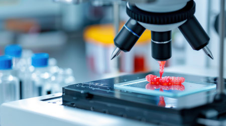 This image shows a detailed view of a microscope analyzing a viscous red substance on a slide in a modern laboratory, highlighting scientific exploration.の素材
