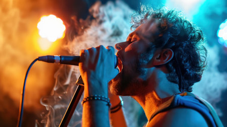 A passionate male singer captivates the audience with his powerful vocals while performing on stage, surrounded by vibrant lighting and swirling smoke.の素材