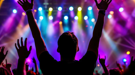 An energetic concert scene showcasing a crowd with raised hands, engulfed in vibrant stage lights. The atmosphere exemplifies joy and collective excitement in a live music setting.の素材