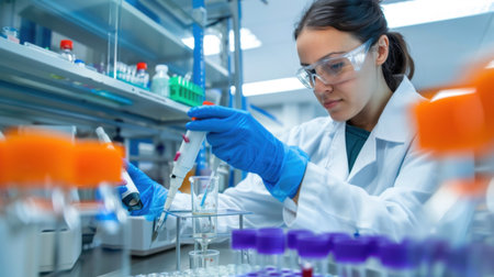 A dedicated female scientist in a lab coat meticulously conducts her research, using glassware and precise instruments in a modern laboratory environment.の素材