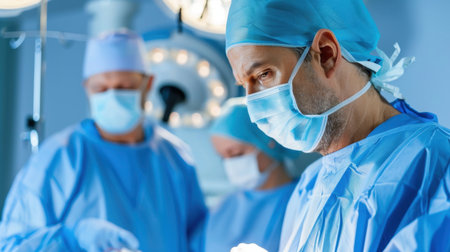 A surgical team works diligently in a modern operating room. The focused surgeons wear masks and gowns, ensuring a sterile environment for the delicate procedure.の素材