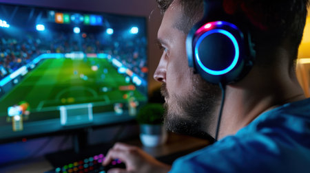 A focused male gamer experiences intense excitement while wearing colorful headphones and playing a soccer video game on a computer in a cozy setting.の素材