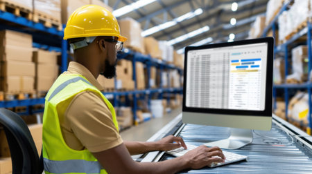 A dedicated warehouse worker engages with a computer to manage inventory data in an organized distribution center, highlighting modern logistics practices.の素材