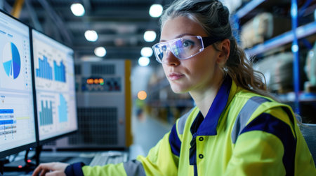 A focused female engineer analyzes complex data on multiple computer screens while working in a modern warehouse, showcasing professionalism and concentration.の素材