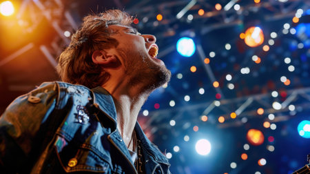A passionate male vocalist performs on stage amidst a vibrant display of colorful lights, captivating the audience with dynamic energy and emotion.の素材