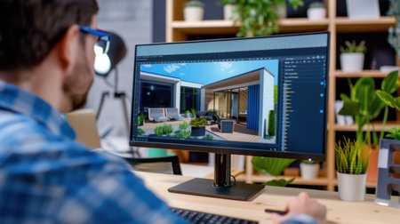 A focused designer utilizes computer software to create a modern architecture project in a cozy office filled with greenery and contemporary decor.の素材