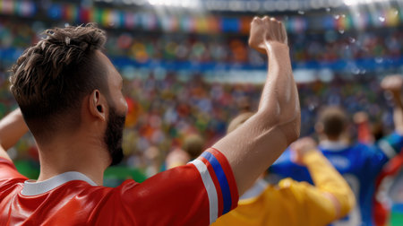A vibrant scene capturing enthusiastic fans celebrating in a lively stadium during a significant soccer tournament, highlighting the energy and unity of sports culture.の素材