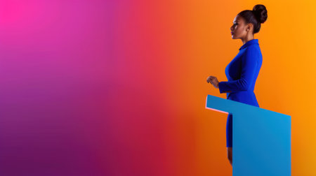 A confident professional woman stands at a blue podium against a vibrant gradient background. This image represents empowerment and leadership, posing a strong message of individuality and modern professionalism.の素材