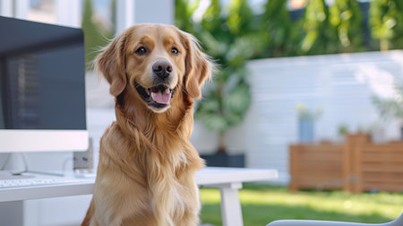 A cheerful golden retriever enjoys a sunny day beside a modern desk in a serene outdoor workspace, showcasing the joy of having a pet while working.の素材