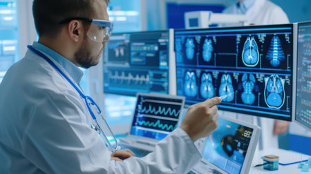A focused doctor examines medical imaging on multiple screens in a high-tech healthcare setting. The professional utilizes advanced technology for patient analysis.の素材