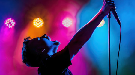 A captivating silhouette of a singer performing passionately on stage, surrounded by colorful lights, evoking the energy and excitement of a live concert.の素材