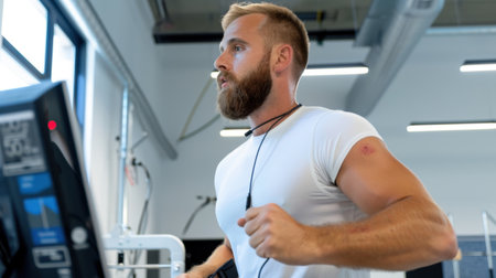 Dynamic scene of a focused athletic man running on a treadmill in a bright gym, embodying dedication to fitness and well-being.の素材