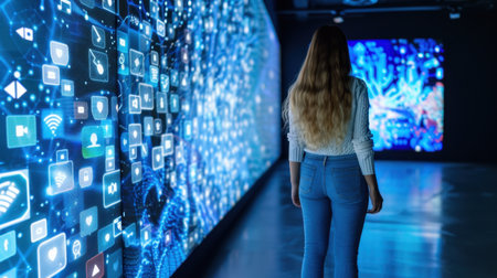 A young woman stands captivated by the vibrant digital displays showcasing technology and data visuals in a modern exhibition setting.の素材