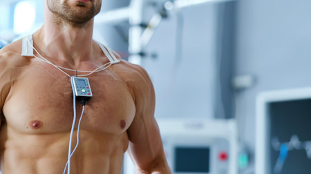 Athletic man engaged in intense running session on treadmill while wearing heart rate monitor, showcasing determination and commitment to fitness goals in modern gym.の素材