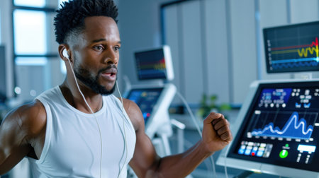 A determined man engages in running on a treadmill in a high-tech gym, monitoring his heart rate and performance metrics for a complete workout experience.の素材