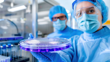 A scientist in protective gear carefully holds a petri dish featuring purple agar, illustrating cutting-edge research in a modern laboratory setting.の素材