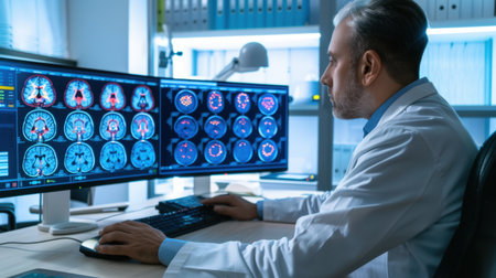 A medical professional focused on analyzing detailed brain scans displayed on multiple computer monitors within a modern healthcare setting.の素材