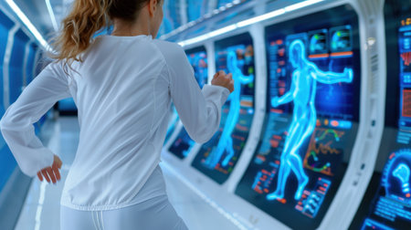 A dynamic scene featuring a woman running in a sleek, high-tech environment, showcasing futuristic health monitoring displays with vibrant holographic data visuals.の素材