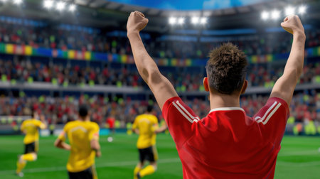 A joyous fan celebrates in a vibrant stadium filled with supporters, showcasing the thrill and emotion of live soccer action during an exhilarating match.の素材