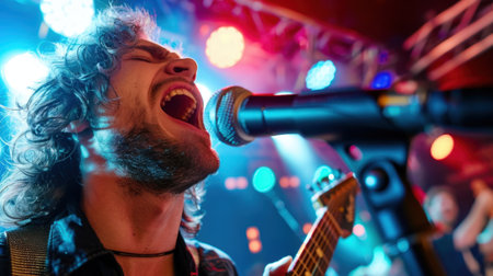 A dynamic scene of a passionate male musician singing into a microphone while playing guitar on stage, surrounded by vibrant lights and an energetic atmosphere.の素材