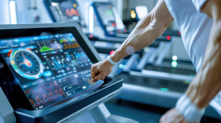 A dedicated male user engages with a modern treadmill's touchscreen display, tracking performance metrics in a vibrant fitness center, emphasizing health and technology.の素材