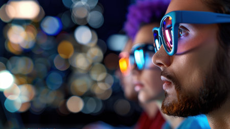 Two individuals wearing colorful glasses gaze thoughtfully at vibrant city lights, capturing the essence of urban nightlife and modern creativity.の素材