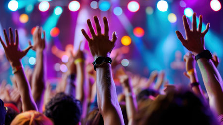 A vibrant scene captures an enthusiastic crowd at a concert, with outstretched hands reaching for the colorful stage lights, expressing joy and excitement.の素材
