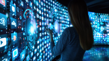 A silhouette of a woman interacting with a vibrant digital interface filled with colorful icons and displays, embodying technological innovation and modern engagement.の素材