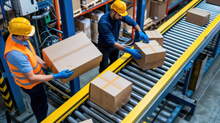 Two warehouse workers in safety gear efficiently load cardboard boxes onto a conveyor belt in a well-organized distribution center environment.の素材