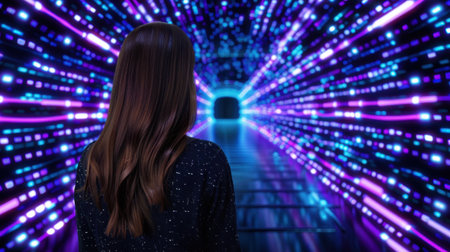 A woman stands at the entrance of a colorful digital tunnel, surrounded by dynamic lights and vivid colors, evoking a sense of exploration and wonder.の素材