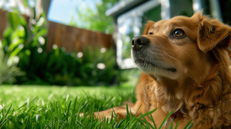 A serene dog rests comfortably on a lush green lawn, surrounded by a beautiful garden. This charming scene captures the joys of a sunny day, offering a glimpse of tranquility and companionship in an outdoor setting.の素材