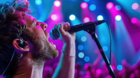 A passionate singer performs live on stage, immersed in vibrant lighting with a captivated audience, creating a thrilling atmosphere for music lovers.の素材