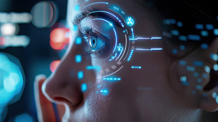 This image features a close-up of a human face integrated with futuristic digital elements, illustrating advanced technology and virtual interactions.の素材