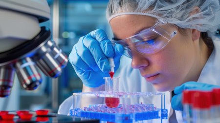 A focused female scientist conducts a detailed experiment in a clean laboratory, using a pipette to transfer a red sample into a test tube under a microscope.の素材