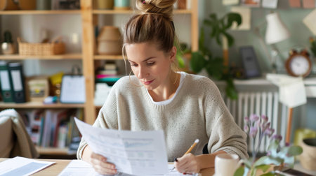 A young woman with an elegant hairstyle engages in paperwork at her home office desk, surrounded by plants and personal touches to create a cozy atmosphere.の素材