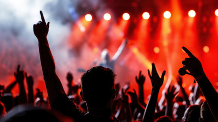 A vibrant scene capturing an energetic crowd at a music festival with raised hands, filled with excitement, illuminated by colorful stage lights.の素材