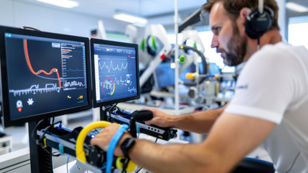 A dedicated technician performs data analysis while using dual monitors in a modern medical research laboratory, showcasing technology in healthcare.の素材