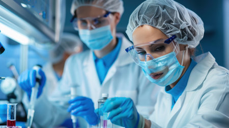 A dedicated female scientist in a laboratory setting is carefully analyzing a liquid sample with precision. A male colleague works alongside her, highlighting teamwork in scientific research.の素材