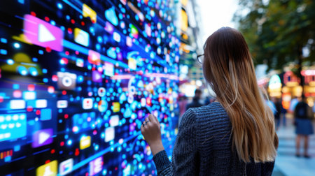 A woman interacts with a vibrant digital media wall in an urban setting, showcasing her engagement with technology amidst colorful graphics and lights.の素材
