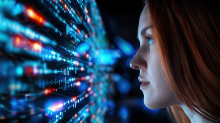 A captivating profile view of a thoughtful woman gazing at vibrant digital data streams. This image represents the intersection of humanity and technology, showcasing a modern exploration of data visualization and innovation in a futuristic setting.の素材