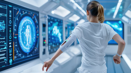 A researcher engages with advanced digital interfaces in a high-tech laboratory, showcasing the intersection of technology and healthcare in modern practice.の素材