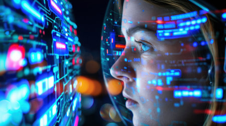 An astronaut woman observes a vivid digital display filled with colorful graphics and information, representing advanced technology and exploration.の素材