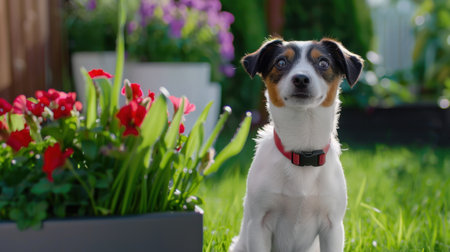 A cheerful dog sits in a lush garden filled with colorful flowers, capturing the essence of nature and joy in a vibrant outdoor setting.の素材