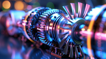 This striking image features a detailed close-up of a futuristic engine component, showcasing intricate metal textures against a colorful bokeh background.の素材
