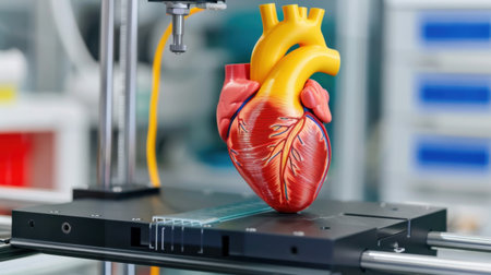 A detailed 3D model of a human heart is showcased on a printing platform in a medical laboratory setting, highlighting advancements in educational tools.の素材