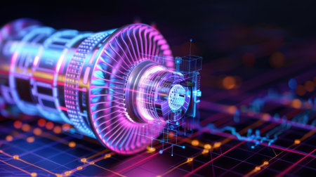 A captivating digital illustration featuring a futuristic device immersed in vibrant neon colors, surrounded by complex data visualizations and patterns.の素材